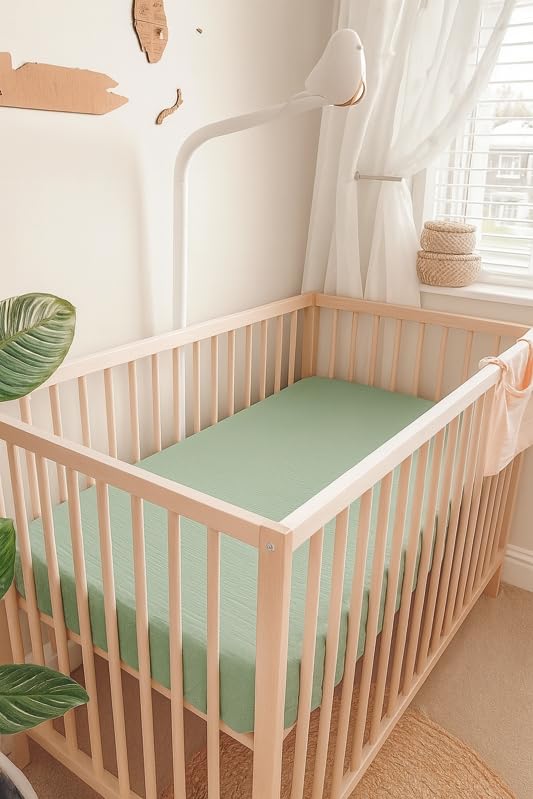 Crib Sheets for Baby Boy Girl 2 Pack, Fitted Crib Mattress Sheet 28" x 52", Muslin Toddler Bedding with Neutral Style, Nursery Bedding Essentials (Beige & Sage)