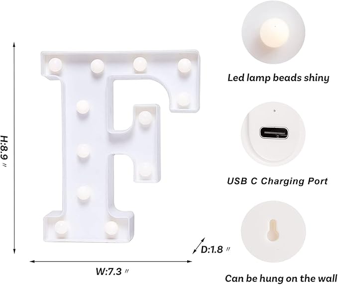 Foaky Rechargeable LED Letter Lights Sign Marquee Light Up Letters Sign for Night Light Wedding/Birthday Party Christmas Lamp Home Bar Decoration (F)