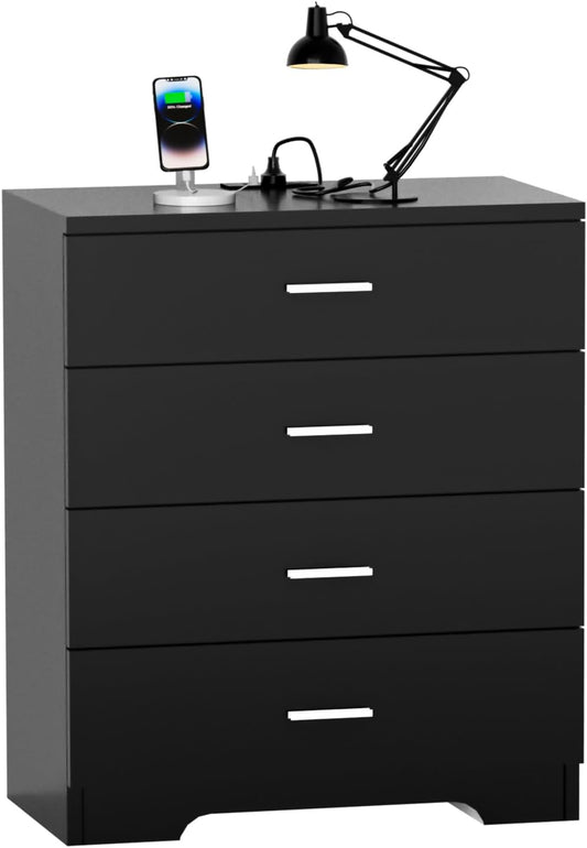 Dresser with Power Outlets Wooden 4 Drawer Dresser with USB and Type C Port Chest of Drawers for Bedroom Tall Black Organizer Storage for Living Room Hallway Closet