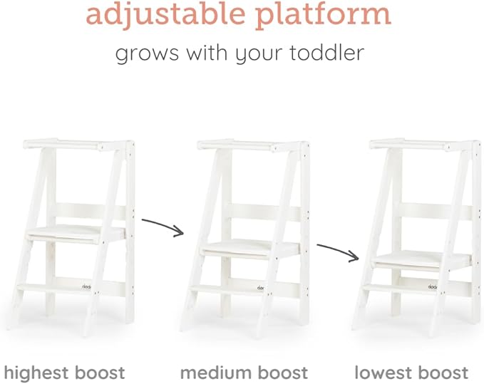 dadada Baby Foldable Montessori Tower - Adjustable Kitchen Step Stool for Kids with Safety Rail, Non-Toxic Finish, Great for Small Space Living (White)
