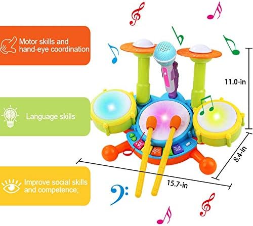 POKONBOY Kids Drum Set for Toddler 1-3, Musical Instruments Learning Toys with 2 Drum Sticks Adjustable Microphone Birthday for Boys Girls 6 12 18 Month (Yellow)