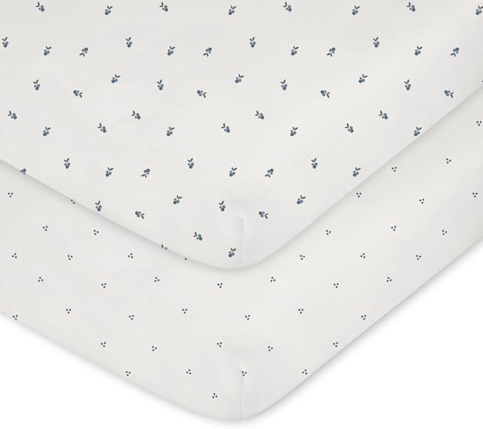 Ely's & Co. Patent Pending Waterproof Pack and Play Sheets, 100% Cotton with Waterproof Lining – 2 Pack Fitted Mini Crib Sheet Set, Berry and Cluster Dot (Blue) 38” x 24”