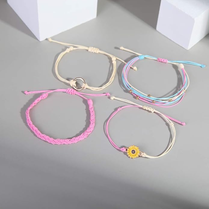 FANCY SHINY Sunflower String Bracelet Boho Braided Rope Wrap Bracelets Cute Summer Beach Surfer Jewelry for Women Christmas Gifts