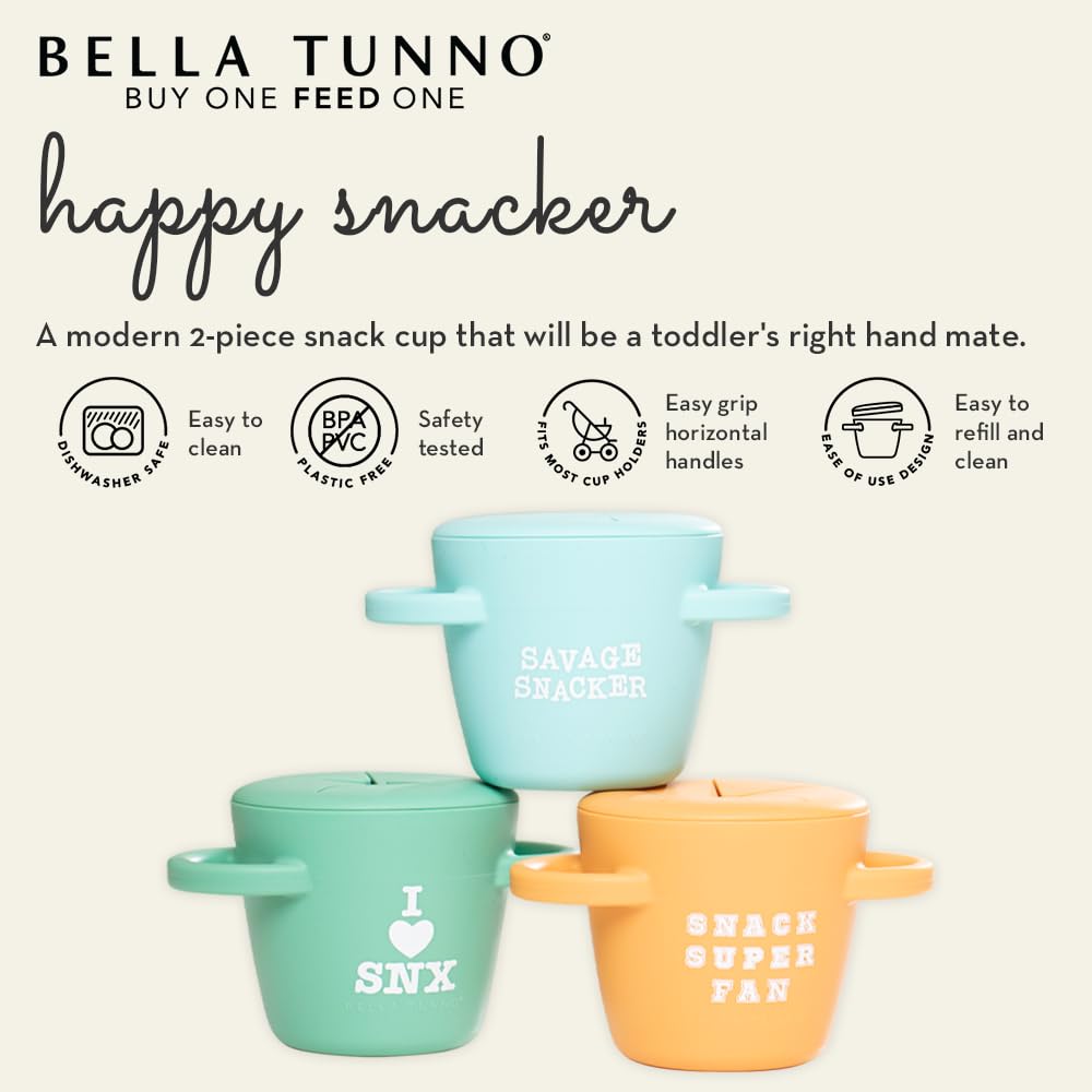 Bella Tunno Snack Cups for Toddlers, Silicone Spill Proof Food Container with Lid, Babies & Kids 6-12 Months, I Love SNX