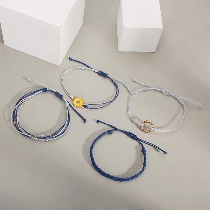 FANCY SHINY Sunflower String Bracelet Boho Braided Rope Wrap Bracelets Cute Summer Beach Surfer Jewelry for Women Christmas Gifts