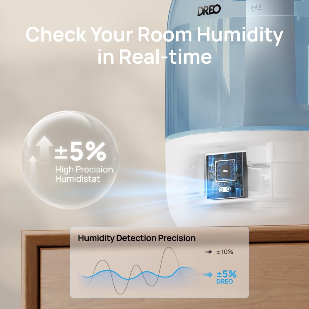 Dreo Humidifiers for Bedroom, Cool Mist Ultrasonic Humidifiers with 30Hr Runtime, Top Fill 3L Tank, Easy Clean, Humidity Sensor, Night Light for Baby, Nursery, 360° Nozzle for Plants and Home, Blue