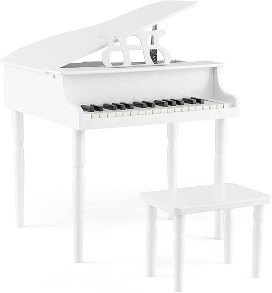 HONEY JOY Classical Kids Piano, 30-Key Mini Grand Piano with Music Stand and Bench, Wooden Musical Instrument Toy w/Lid & Music Rack, Gift for Boys Girls Ages 3+ (4 Straight Leg-White)
