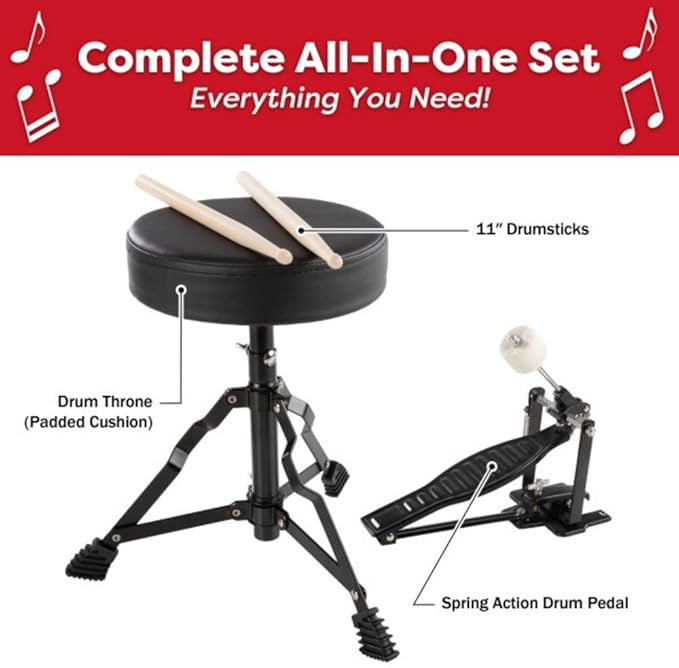 Hey Play Kids 3-Piece Drum Kit - Cymbal, 2 Toms, Bass Drum and Pedal, Drumsticks, and Throne - Beginner Musical Instruments (Red)