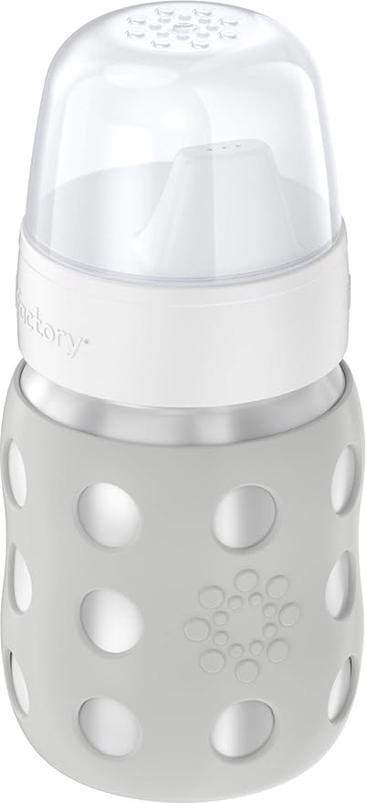 Lifefactory 8-Ounce Stainless-Steel Vacuum-Insulated Wide-Neck Baby Bottle with Hard Sippy, Stone Gray, LS2221WCG4