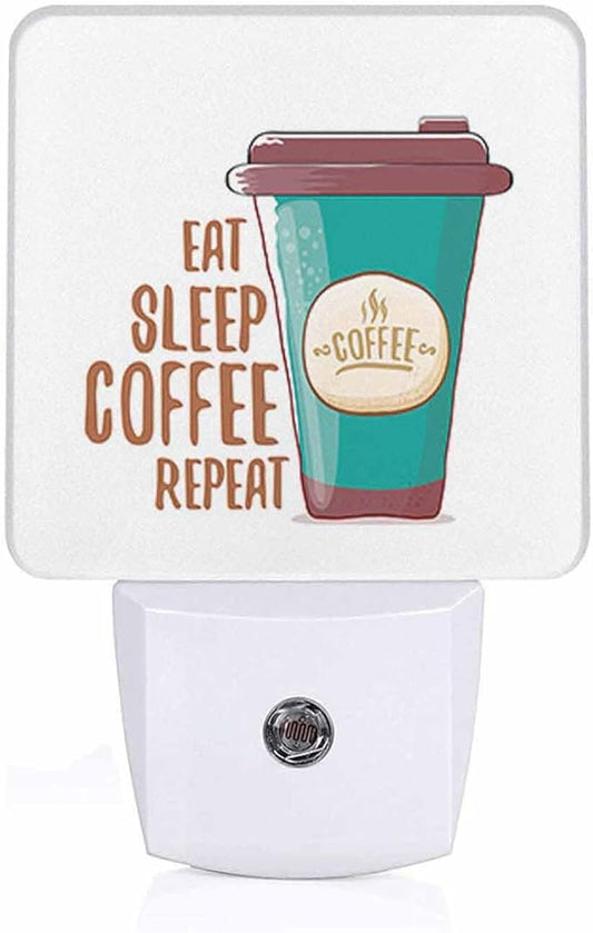 LED Night Light,Eat Sleep Funky Coffee LED Night Light Plug into Wall with Dusk to Dawn Light Sensor White Energy Efficient Nightlight for Bedroom Bathroom Hallway Living Room Kitchen
