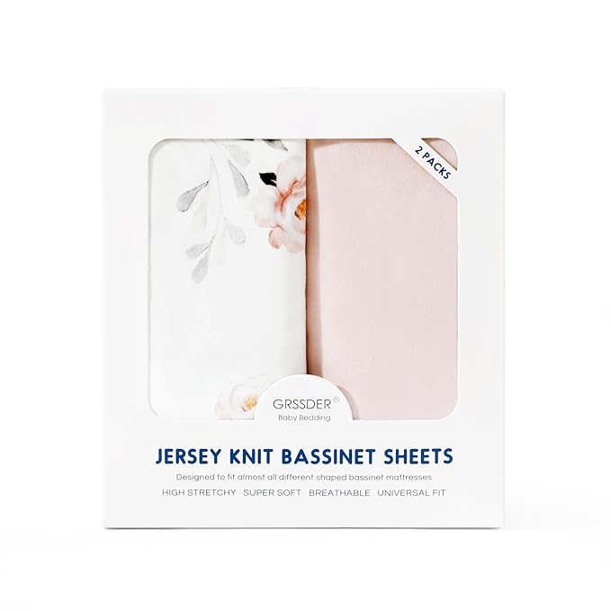 Stretch Ultra Soft Fitted Bassinet Sheet Set 2 Pack, Universal Fit for Bassinets Baby Cradle Moses Basket Oval Rectangle Mattress Safe and Snug, Pink Rose Print