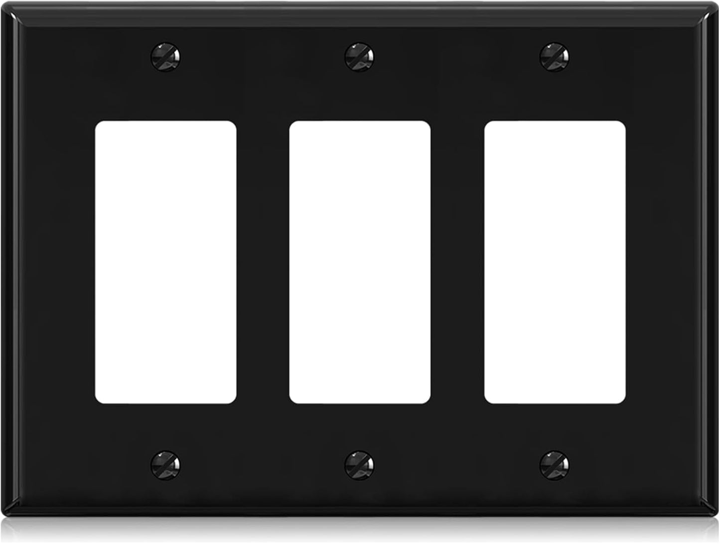 ELEGRP 3-Gang Decorative Wall Plates, Mid-Size 4.88" H x 6.75" L Unbreakable Thermoplastic Faceplate Cover for Decorator Receptacle Outlet Switch, UL Listed (1 Pack, Glossy Black)