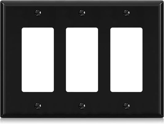 ELEGRP 3-Gang Decorative Wall Plates, Mid-Size 4.88" H x 6.75" L Unbreakable Thermoplastic Faceplate Cover for Decorator Receptacle Outlet Switch, UL Listed (1 Pack, Glossy Black)