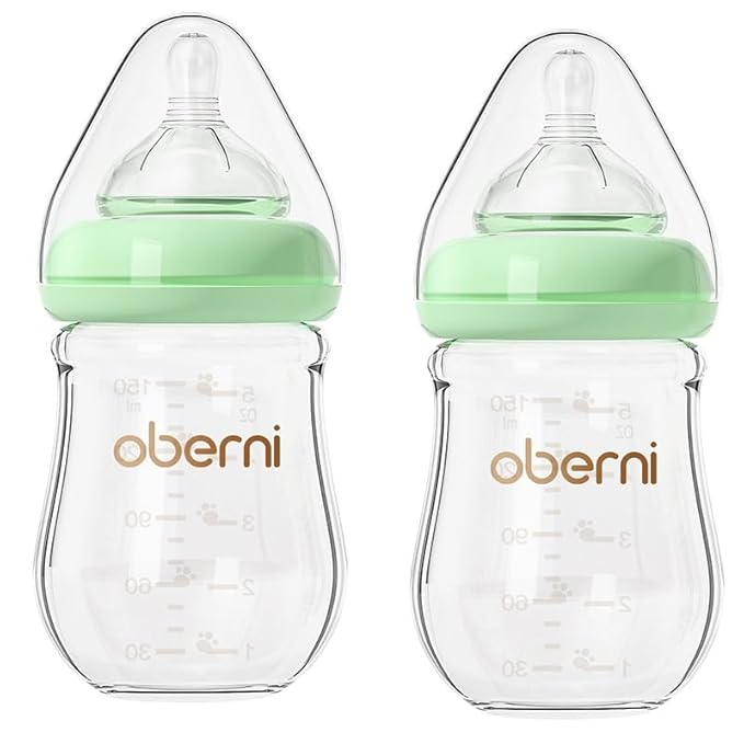 Glass Baby Bottles,Anti Colic Breastfeeding Bottle with Natural Response Nipple Size S,Wide Neck Slow Flow Baby Bottle for Baby,Newborn,Preemie 0-3 0-6 Month,BPA Free (Green, 2 Pack, 5 Ounce)