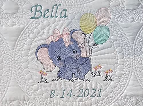 Personalized Baby Blanket Baby Quilt Monogrammed Blankets for Boys and Girls Embroidered Baby Gifts (Elephant & Balloons) Crib