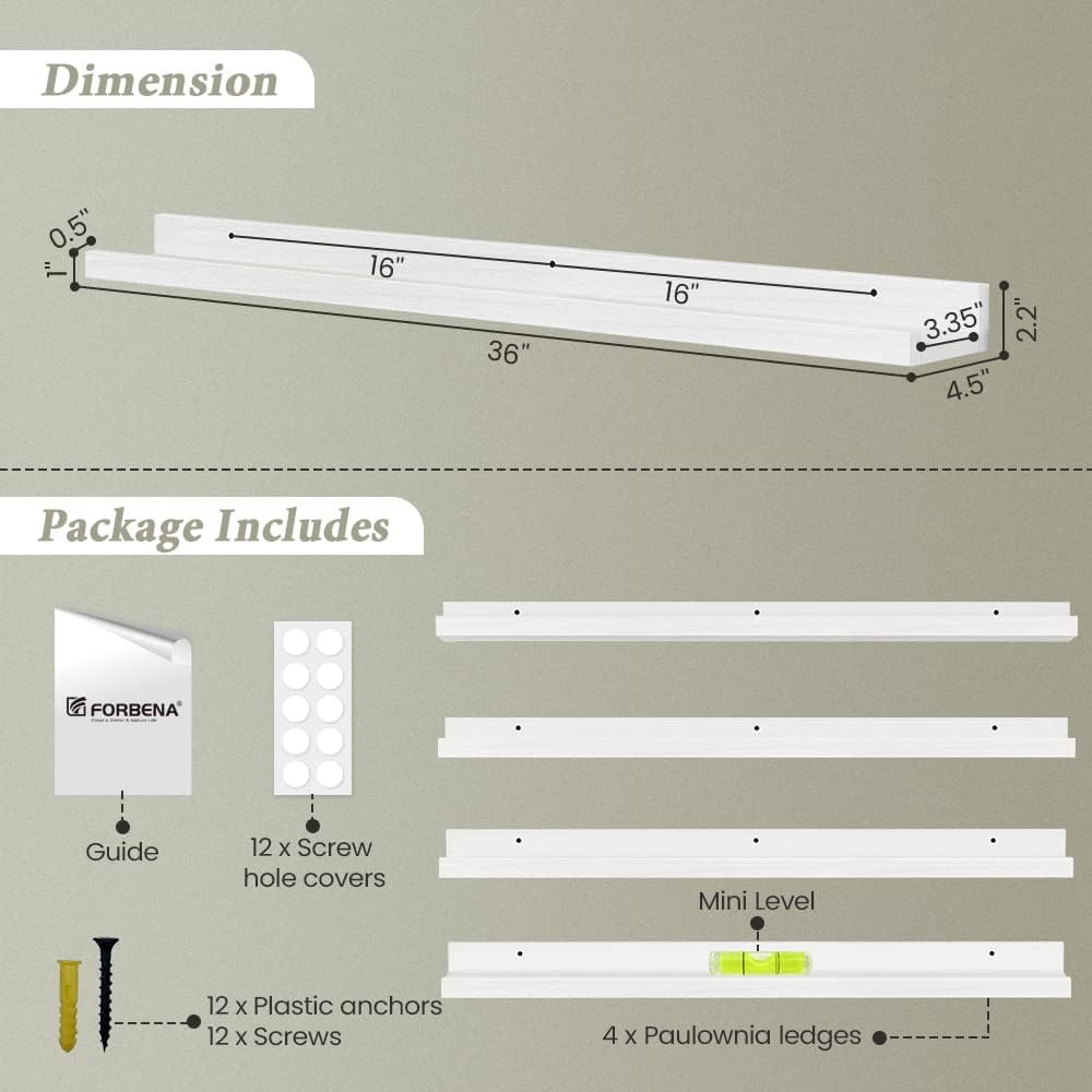 Forbena White Floating Shelves for Wall 36 Inches Long 4-Pack, Large Nursery Book Shelves Bookshelf for Kids Bedroom, Wood Picture Ledge Shelf with Lip for Living Room Decor Photo Frames Legos Display