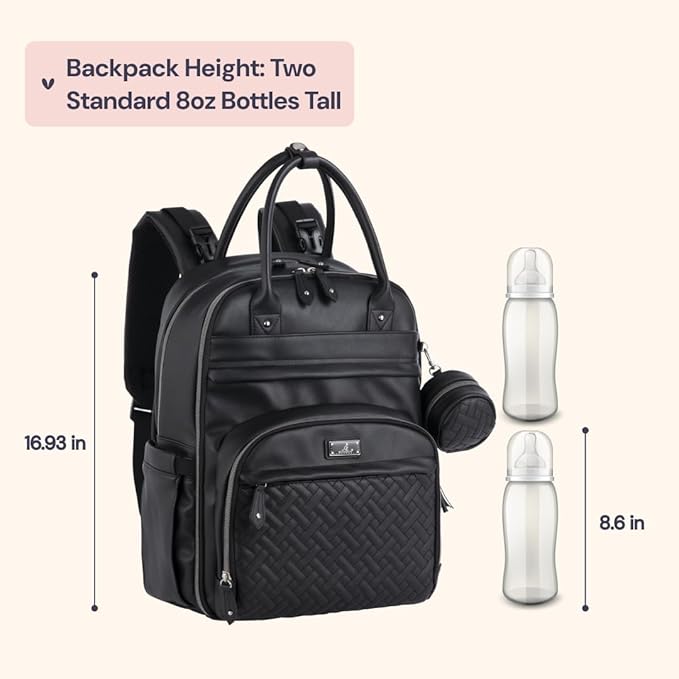 BabbleRoo Leather Diaper Bag Backpack - Baby Essentials Travel Baby Bag, Multi function, with Changing Pad, Stroller Straps & Pacifier Case – Unisex, Black