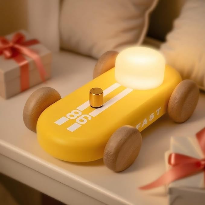 Wooden Go-Kart Night Light for Kids, 7 Color Adjustable, USB Rechargeable (Yellow)