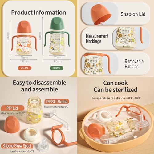 PPSU No Spill Sippy cups,Weighted Straw Toddler Water Bottle with Handle,Spill Proof Toddler Cup with Leakproof Spout for Baby 6-12 Months and Toddlers 1-3 (8 Ounce, Green, 3 Pack)