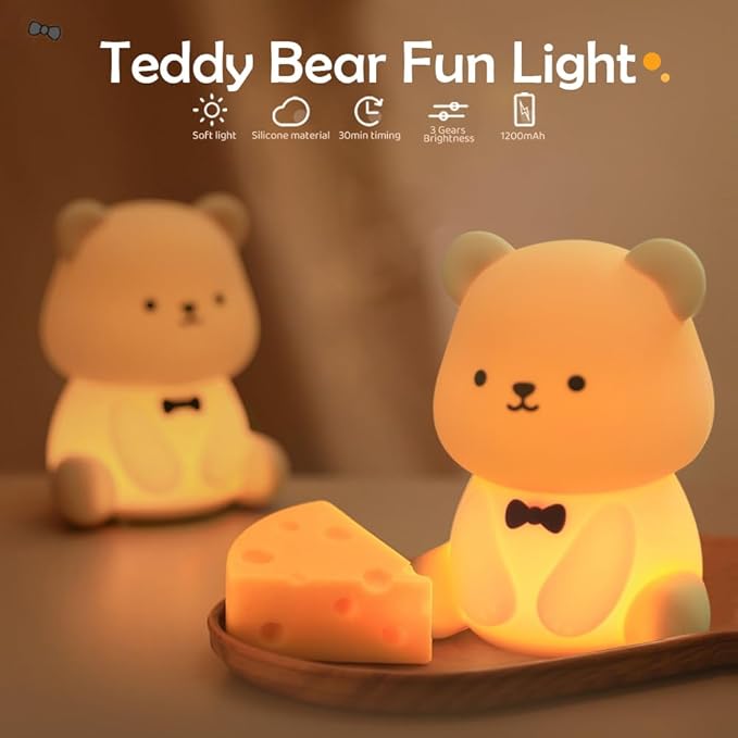 S NMT Silicone Teddy Bear Night Light for Kids Room, Rechargeable 7 Colors Changeable 3 Level Brightness Timing Sleeping Lamp Kawaii Nursery Night Lights for Kids Room Gift Decor