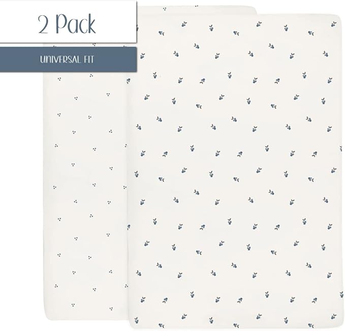 Ely's & Co. Patent Pending Waterproof Pack and Play Sheets, 100% Cotton with Waterproof Lining – 2 Pack Fitted Mini Crib Sheet Set, Berry and Cluster Dot (Blue) 38” x 24”