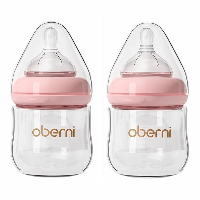 Glass Baby Bottles,Anti Colic Breastfeeding Bottle with Natural Response Nipple Size S,Wide Neck Slow Flow Baby Bottle for Baby,Newborn,Preemie 0-3 0-6 Month,BPA Free (Pink, 2 Pack, 4 Ounce)