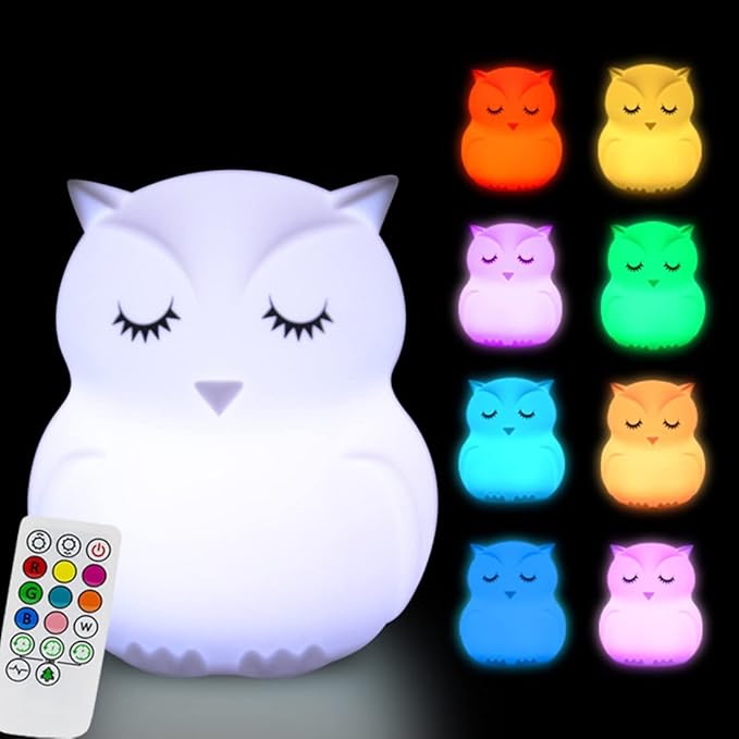 Large Owl Night Lights for Kids LED Nursery Lamp Children's Room Moon Bedside Lamp, Changeable Brightness & Color Child Table Night-Light, Lighting for Travel and Camping Child Gift - Large