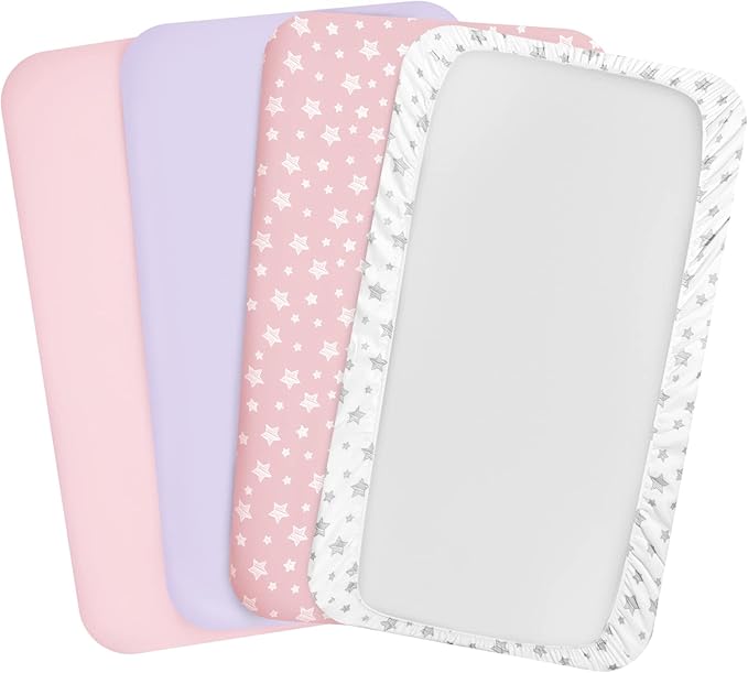 Pack and Play Sheets Girl, 4 Pack Mini Crib Sheets, Stretchy Pack n Play Playard Fitted Sheet, Compatible with Graco Pack n Play, Soft and Breathable Material, Pink