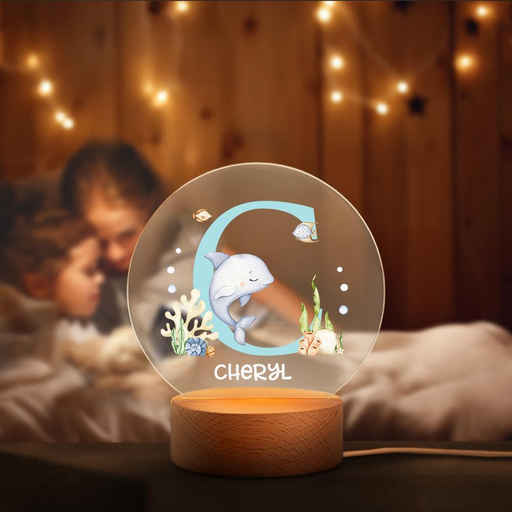 callie Acrylic Night Light Name Plate Personalized, Custom Cute Fox Deer Turtle Forest Animal with Wooden Base Bedroom Decor, Birthday Gifts Kid Gifts for Family (Animaux Marins)