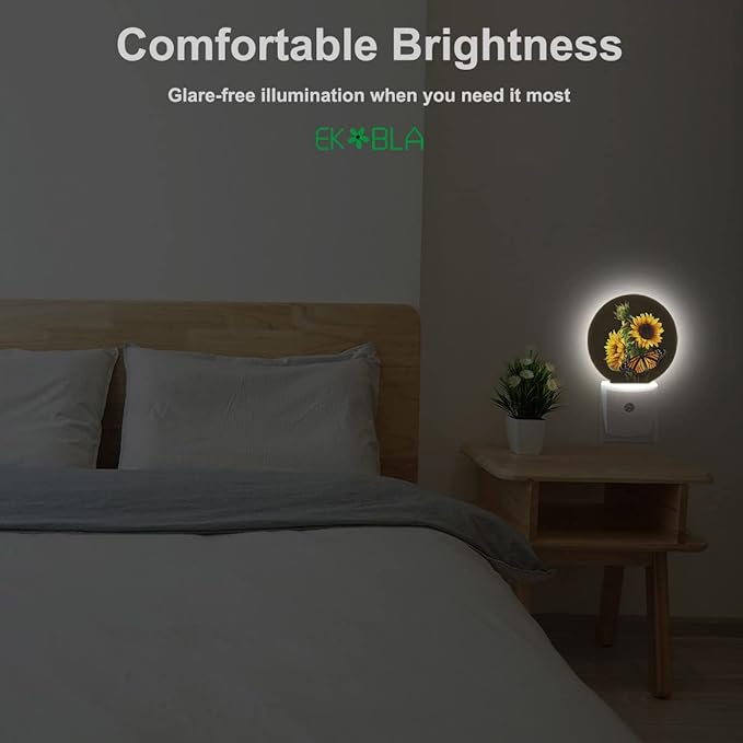 EKOBLA Night Light Sunflower and Butterfly Night Lights Plug into Wall for Boys Girls Led Night Light, Round Lamp Home LED Wall Decor Nightlight