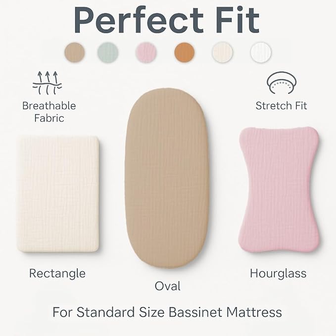 Baby Bassinet Sheets 33x17 Inches, Muslin Fabric Pack of 2 Beige Organic Bassinet Sheets Girl/Boy, Soft Breathable Fitted Bassinet Mattress Sheets, No Shrinking or Loose Corners, Safe & Cozy