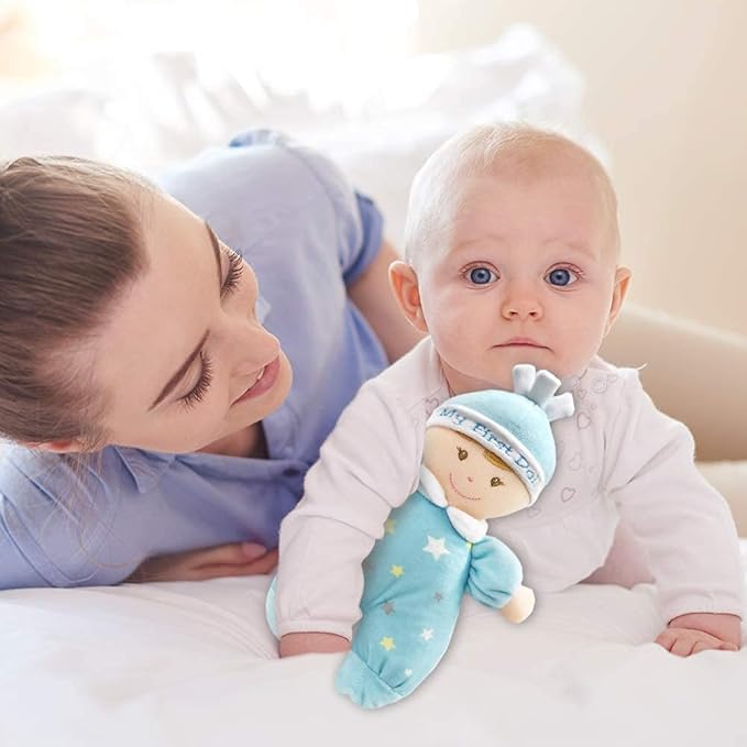 June Garden 9" My First Doll Noah - Soft Plush Baby Doll with Rattle - Baby Blue Outfit