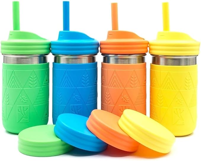 Elk and Friends 14oz Stainless Steel Kids + Toddler Drinking Cups | The Original Mason Jars with Lids + Sleeves + Straws | Smoothie Cups | Spill Resistant | Dishwasher Safe | 4 Pack