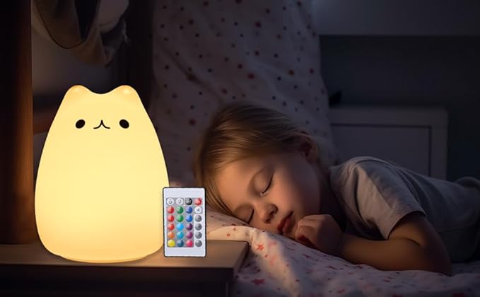 ZKLiLi Night Light, Cute Cat Nursery Lights USB Rechargeable Cat Lamp Nightlight Birthday Christmas Gift with Warm White and 7-Color Breathing Modes for Kids Baby Children (renqimao)