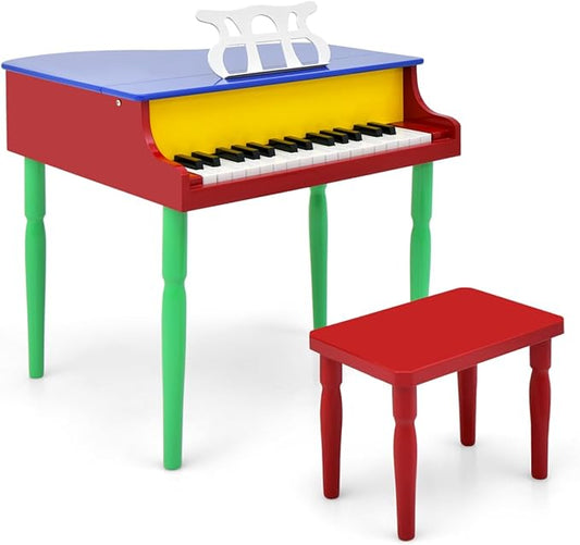 HONEY JOY Classical Kids Piano, 30-Key Mini Grand Piano with Music Stand and Bench, Wooden Musical Instrument Toy w/Lid & Music Rack, Gift for Boys Girls Ages 3+