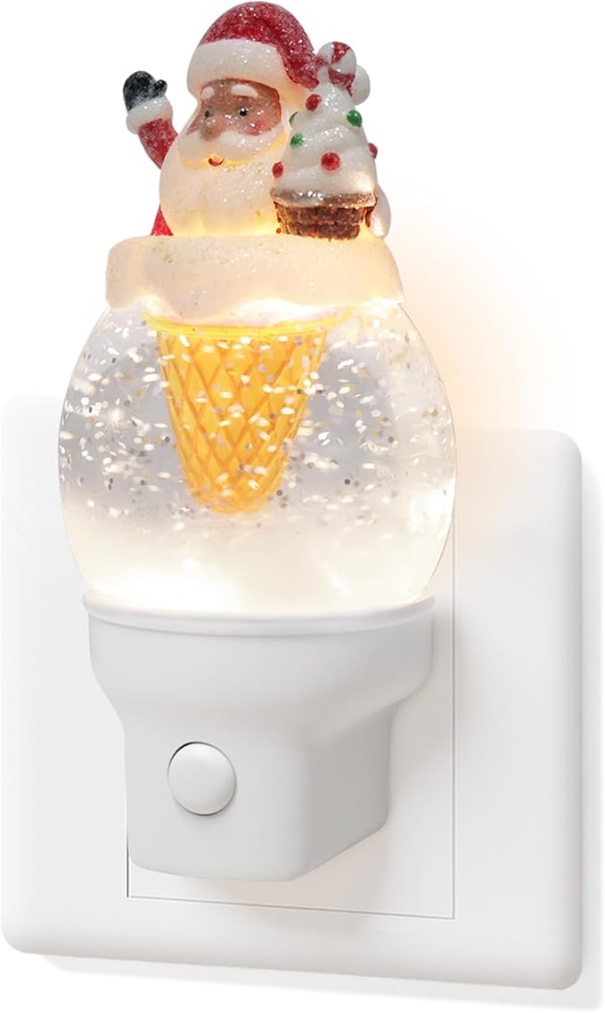 Christmas Santa Night Light Plug into Wall Glitter Water Nightlight with USB/Outlet Options, Christmas Decorative Nightlight for Bedroom Kitchen Nursery Holiday Decorations Gifts (Santa Ice Cream)