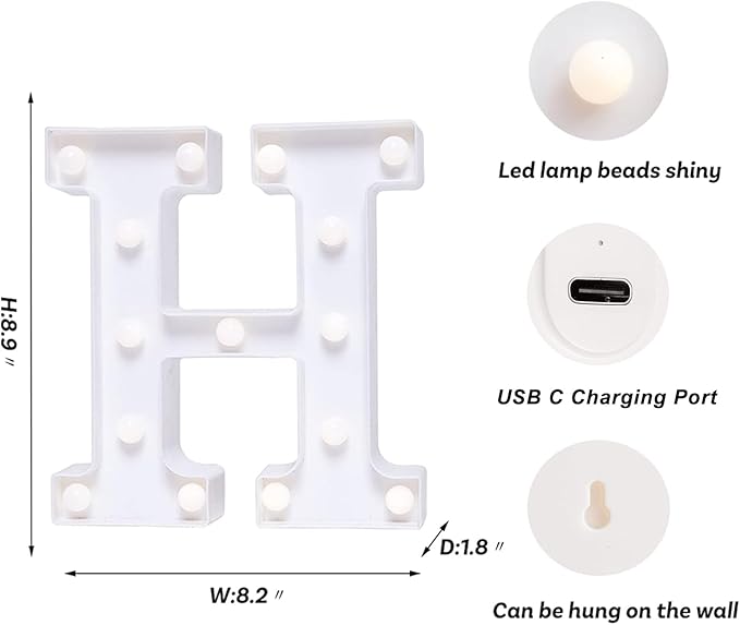 Foaky Rechargeable LED Letter Lights Sign Marquee Light Up Letters Sign for Night Light Wedding/Birthday Party Christmas Lamp Home Bar Decoration (H)
