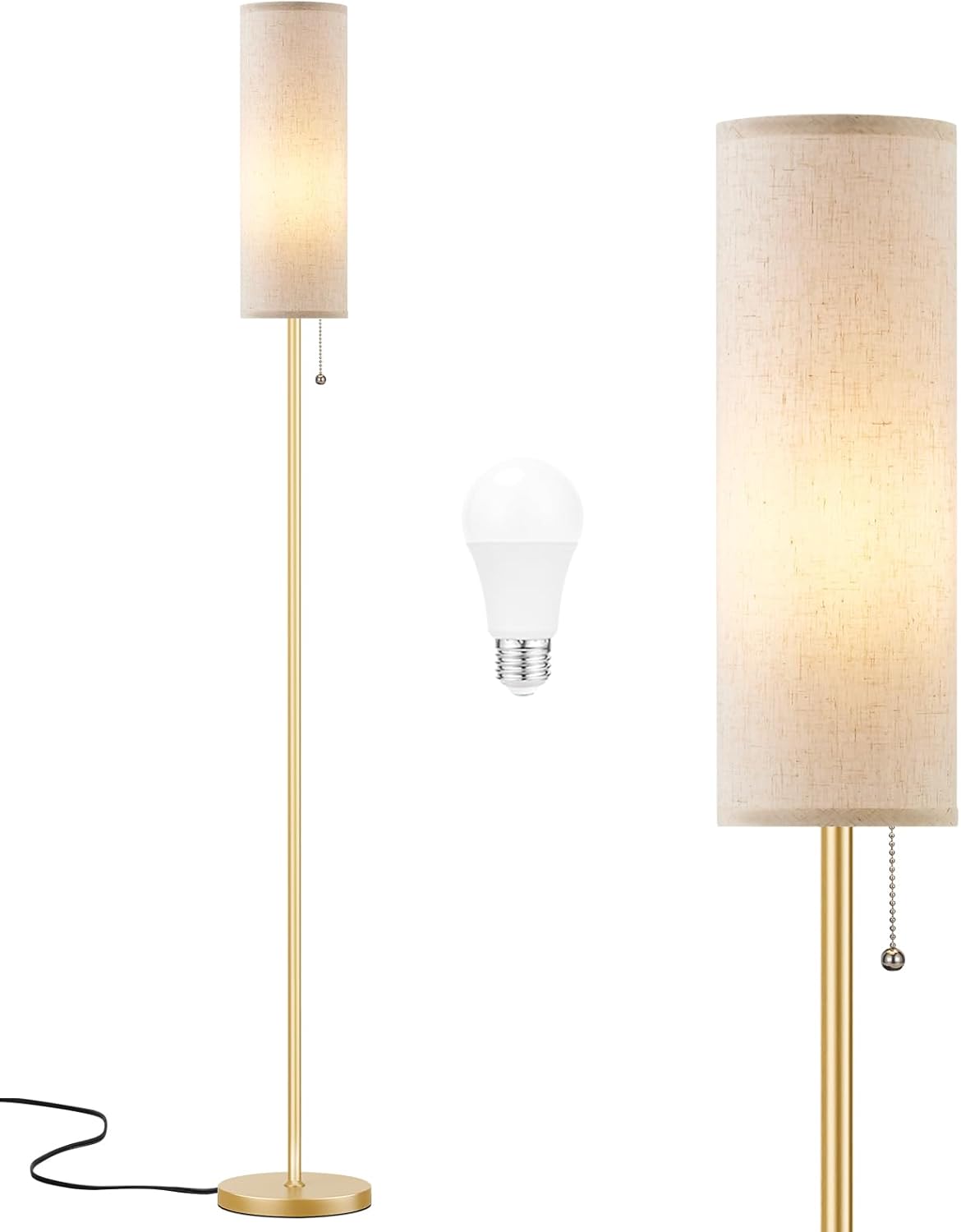 Ambimall Floor Lamp for Living Room with 3 Color Temperatures Bulb, 64" Standing lamp with Linen lampshade for Bedroom, Minimalist Pole Lamp, Beige Shade & Gold Pole
