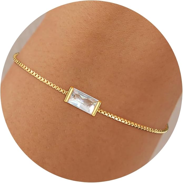 Birthstone Gold Bracelets for Women Girls Non Tarnish - Trendy Dainty 14K Gold Plated Bracelet Friendship CZ Bracelets Anniversary Birthday Gifts for Mom Girlfriend