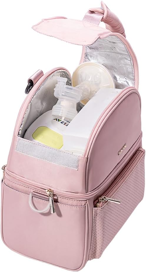 Sunveno Breastmilk Cooler Bag Set with 2 Ice Packs & Detachable Insulation Box, 15-Hour Cold Retention Foil-Lined Leak-Proof Tote Fits 3 Baby Bottles for On-The-Go Pumping Moms, Daycare & Travel,Pink