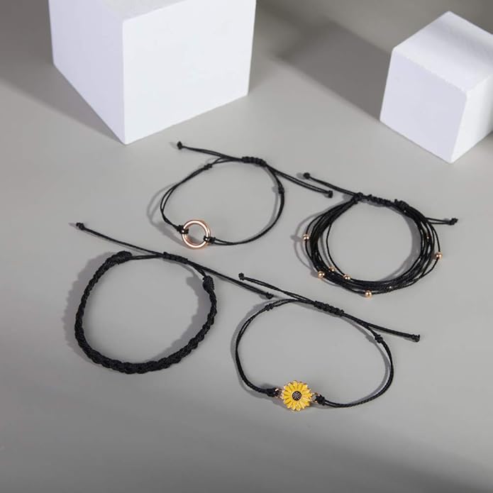 FANCY SHINY Sunflower String Bracelet Boho Braided Rope Wrap Bracelets Cute Summer Beach Surfer Jewelry for Women Christmas Gifts