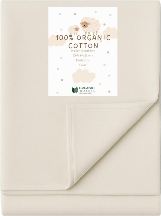 Organic Cotton Crib Mattress Protector - Water Resistant Flat Sheet Liner Pad, Skin Friendly, Chemical-Free Pure Cotton [GOTS-Certified] - Made in USA (Mini Crib (38"x24"))