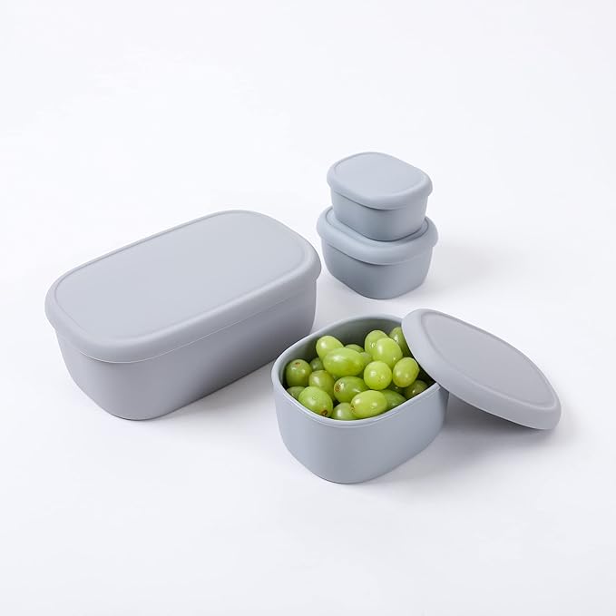BLUE GINKGO Nesting Silicone Containers - Set of 3 Hard-Shell Silicone Food Storage Containers | BPA Free, Airtight, Dishwasher and Freezer Safe (6.7oz, 10oz, 20oz) - Grey