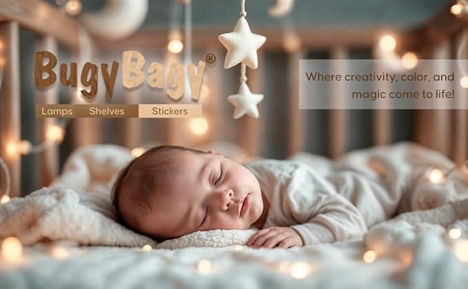 BugyBagy Nursery Wall Lamp Set – 3 Hand Painted Night Lights for Baby Room (Hot Air Balloon, Cloud, Elephant on Moon) + Bonus Wall Stickers – Soft Linen Colors (Beige Theme)