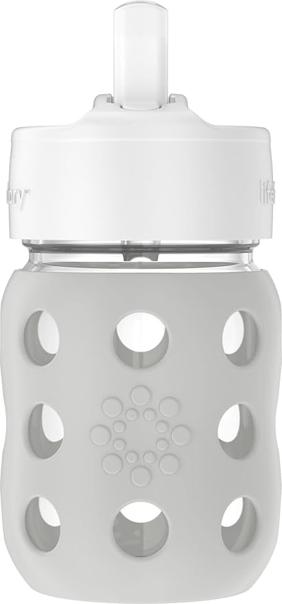 Lifefactory 8-Ounce Wide Neck Glass Baby Bottle with Protective Silicone Sleeve and Pivot Straw Cap, Stone Gray (LG2241WCG4)