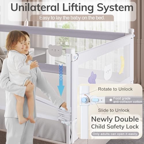 omzer Bed Rail for Toddlers - Toddler Bed Rails with Double Child Lock - Bed Rail for Baby Kids with Pattern - Height Adjustment Guard Rails for Twin Size Bed - 3 Pack, 39x75x75”