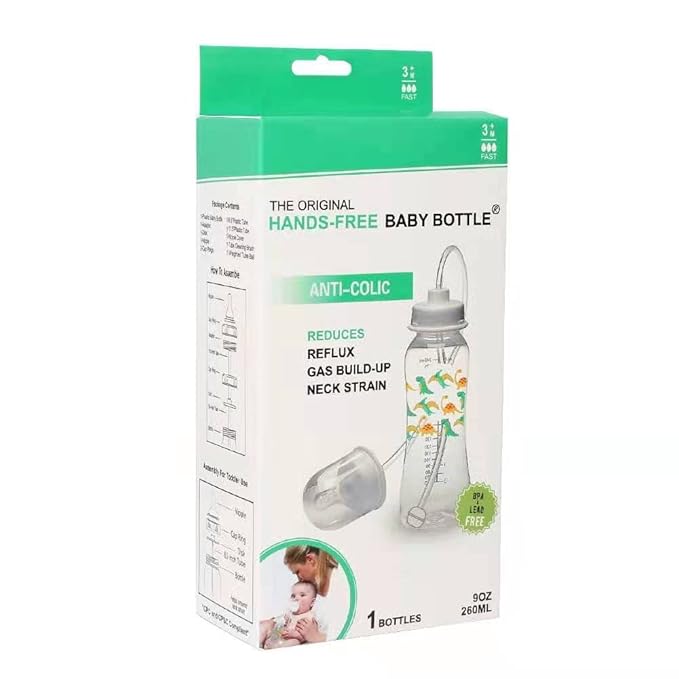 Hands-Free Baby Bottle - Anti-Colic Nursing System 9 oz Baby Bottle with Fast Flow Nipple/Teat 3m+ Infant with Tube Straw Feeding System for Toddler (1 Bottle - Dinosaur)
