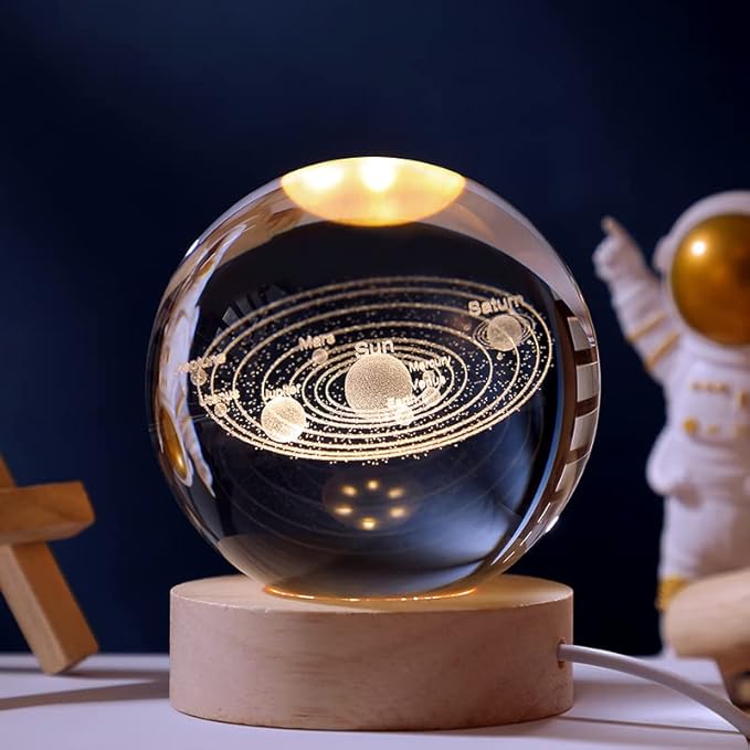 Glowing Crystal Ball Light with Wood Base, 3D Inner Carved Small Crystal Ball, Decorative Creative Gift for Christmas, Classmates and Kids Birthday (Solar System)