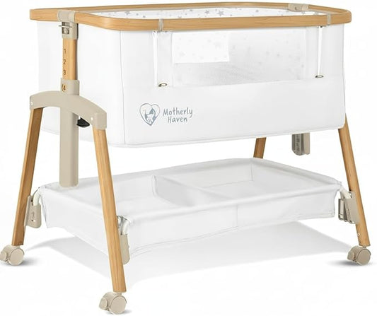 Baby Bassinet Bedside Sleeper, Portable Crib for Newborns, Adjustable 7-Height Auto-Lock, with Wheels, Soft Mattress & Breathable Mesh