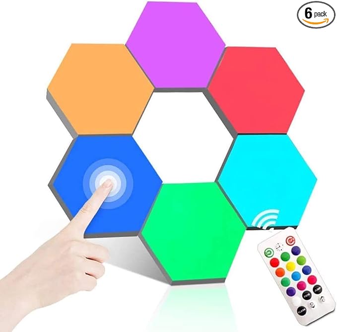 ODISTAR Remote Control Hexagon Wall Light,Smart Wall-Mounted Touch-Sensitive DIY Geometric Modular Assembled RGB led Colorful Light with USB-Power,Used in Bedroom (6-Pack)